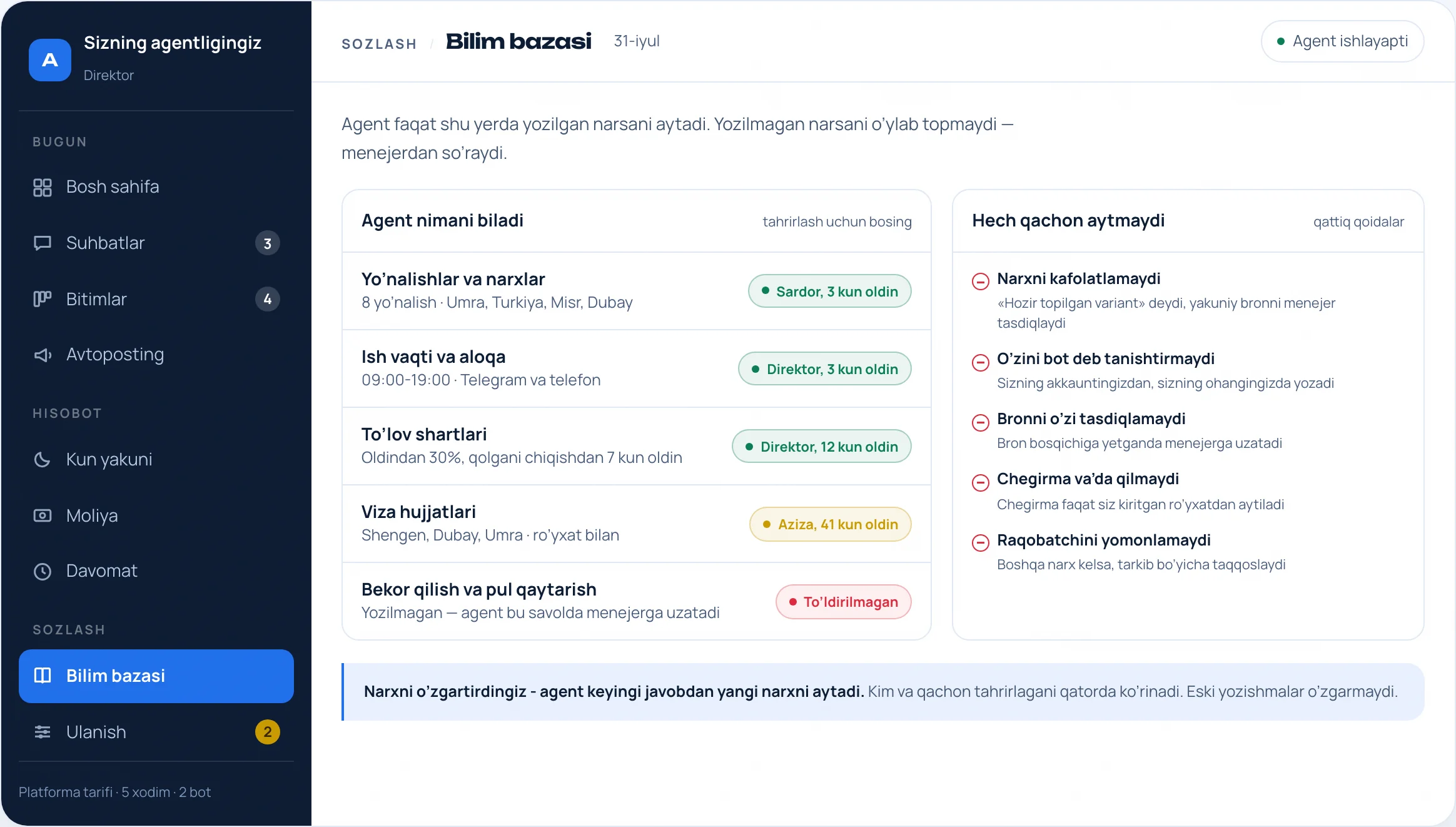 Bilim bazasi ekrani: agent nimani biladi va nimani hech qachon aytmaydi